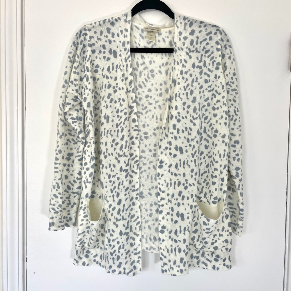 Cotton Emporium Ivory Blue Leopard Print Open Front Cardigan Sweater‎ Women's LL